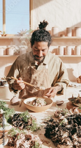 Latino man in an apron tasting steaming mushroom risotto from a wooden spoon in a rustic kitchen setting for seasonal cooking and culinary blogs