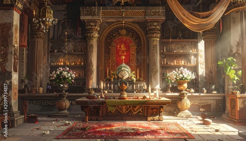 Ornate Cathedral Interior with Religious Altar and Decorations.
