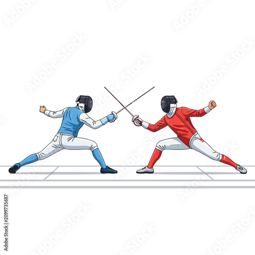 Fencing duel, athletes in protective gear with swords, isolated on white background.