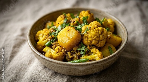 Aloo gobi with golden turmeric-coated potato and cauliflower florets | Indian Food Stock Photo for Commercial Use