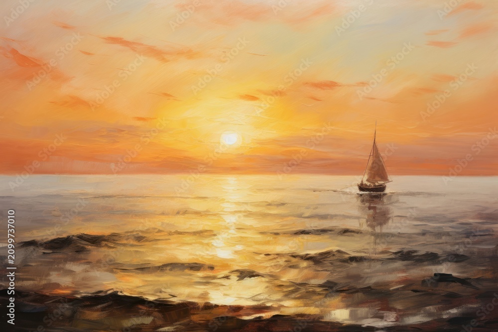 Fototapeta premium Sunset on sea painting sailboat outdoors.