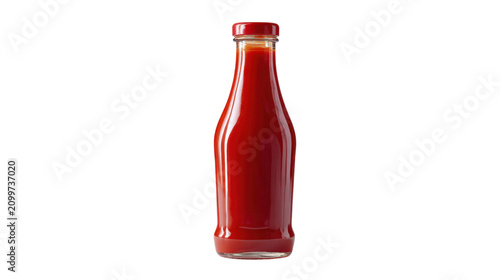 Glass ketchup bottle with red tomato sauce condiment isolated on the transparent background