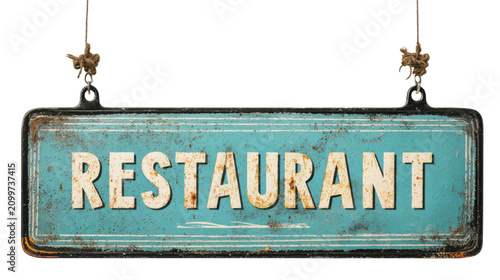 Vintage rusty turquoise restaurant hanging sign board retro isolated on the transparent background