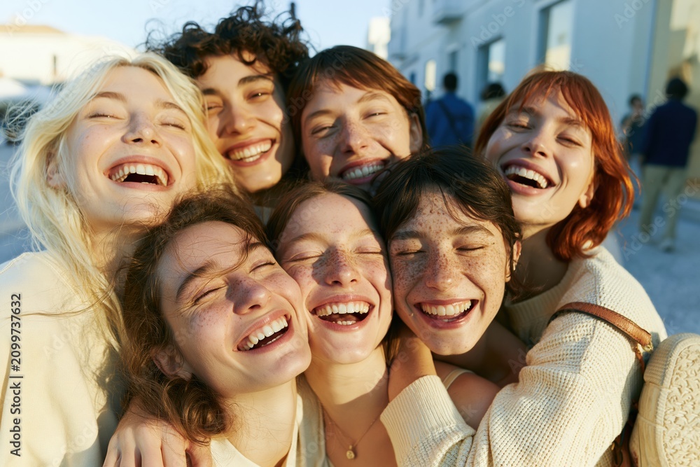 Obraz premium Group of cheerful young women embracing tightly on a city street while laughing for friendship, community lifestyle advertising and mental wellness concepts
