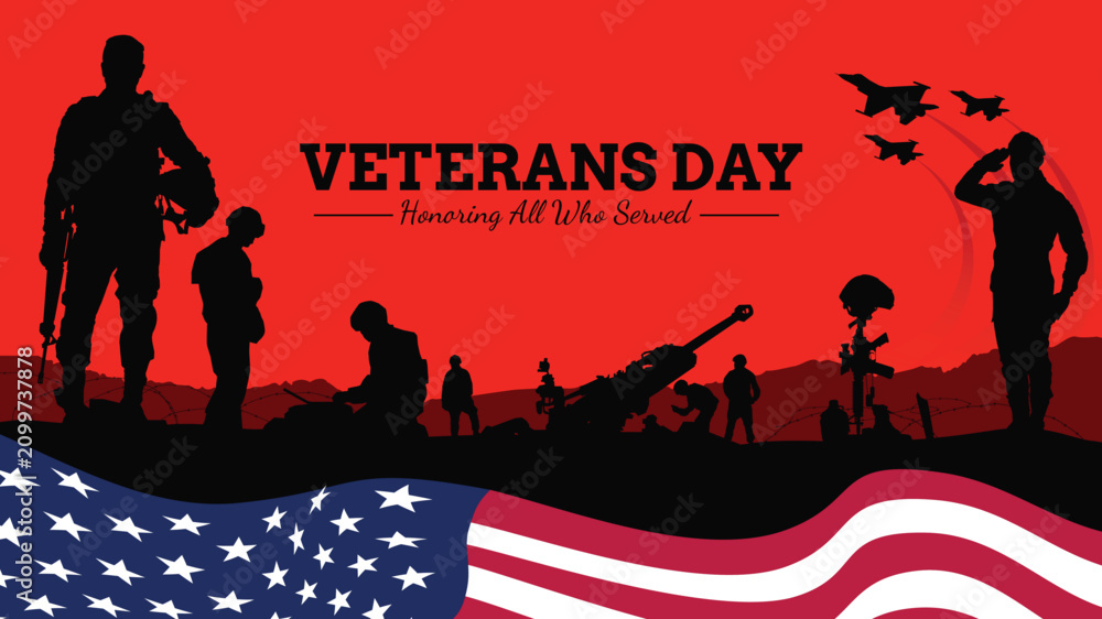 Fototapeta premium Veteran's day silhouette vector illustration with american flag and soldiers.