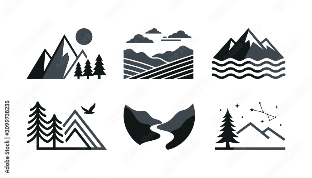 Fototapeta premium Minimalist mountain landscape icons set featuring flat geometric peaks hills pine trees river waves and night sky constellation vector illustration.