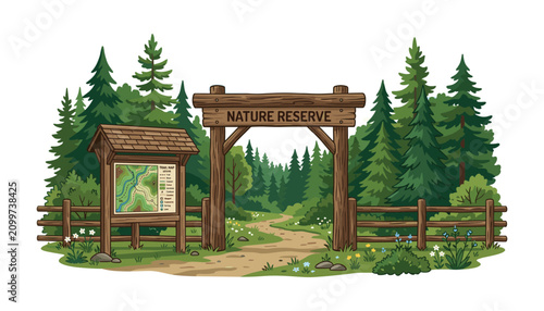 Принти на полотні Wooden entrance arch to national park or nature reserve forest path with information trail map stand vector illustration