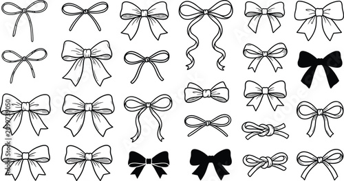 Bild auf Leinwand Hand Drawn Ribbon Bow Silhouette and Line Art Icon Mega Set with Coquettish Knot