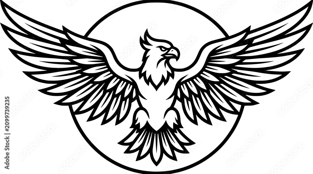 Fototapeta premium Eagle Crest Silhouette Inside Circle Emblem, Heraldic Bird Wings Spread