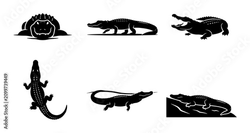 Foto 70 Alligator Vector Icons Set, Reptile Silhouettes Collection, Wildlife Animal G