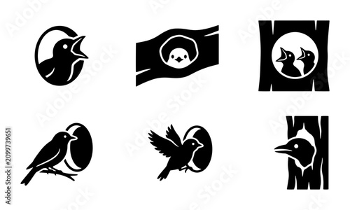 Foto 70 Chirping Bird Icons, Baby Birds in Nest, Birdhouse Silhouettes, Vector Graphi