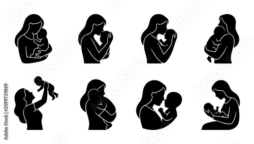 Obraz na płótnie 70 Mother and Baby Silhouettes, Tender Embrace Icons, Parental Love Vector Set,