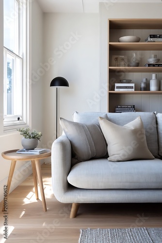 Stylish bright home office interior design with desk and comfortable chair.