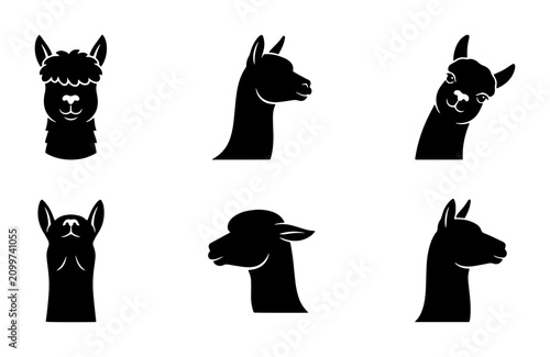 70 Alpaca Icons Set, Black Silhouette Vector Graphics, Cute Animal Heads Collection, Farm Mammal Profile Views, Graphic Design Elements 100