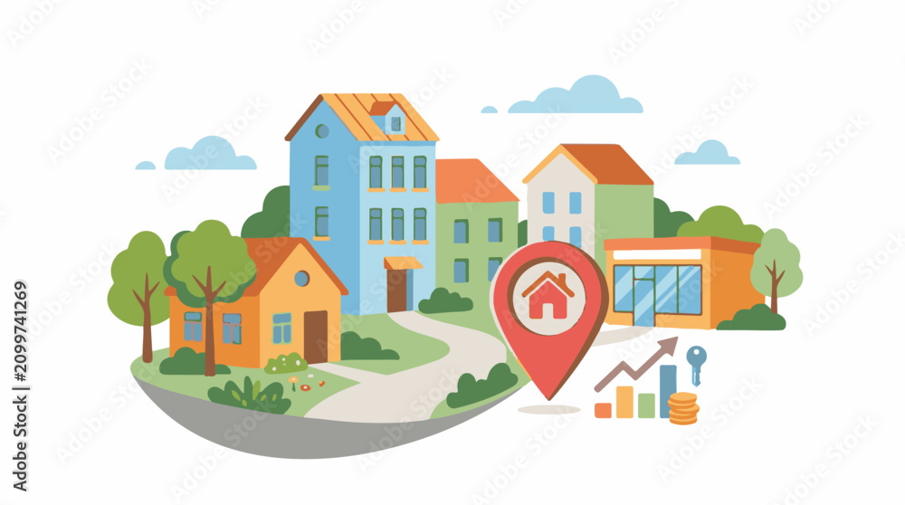 Fototapeta premium Illustrated houses on a hill with a location marker and financial growth
