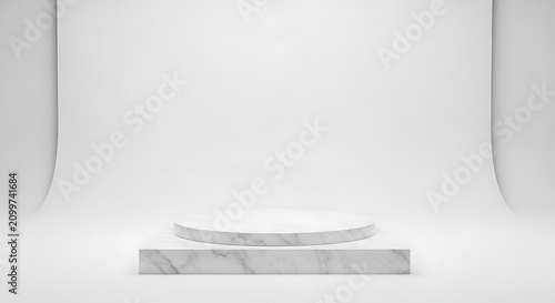 White marble product display podium. Minimalist stone pedestal for luxury item showcase.