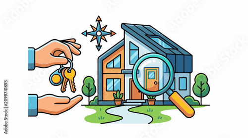 Hands offer keys to modern house inspected with magnifying glass