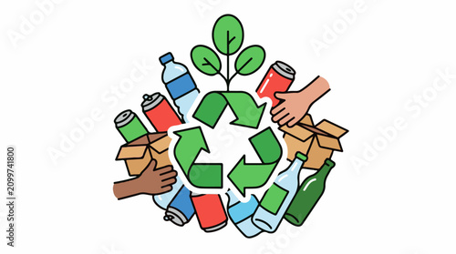 Hands sort recyclables around a green recycling symbol with plants