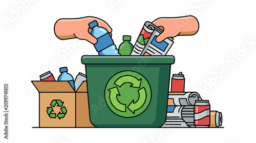 Hands sort recyclables into a bin and box with recycling symbols