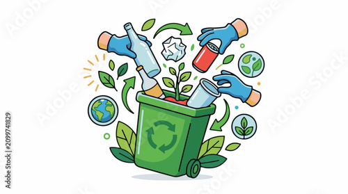 Hands sort recyclables into a green bin surrounded by nature symbols