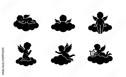 Foto 70 Cherub Silhouettes Collection: Angelic Figures on Clouds, Vector Icons for Sp