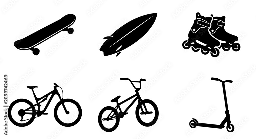 Obraz premium 70 Vector Icons Set: Skateboard, Surfboard, Rollerblades, Mountain Bike, BMX, Scooter, Extreme Sports Equipment, Urban Mobility, Outdoor Activity Gear 100