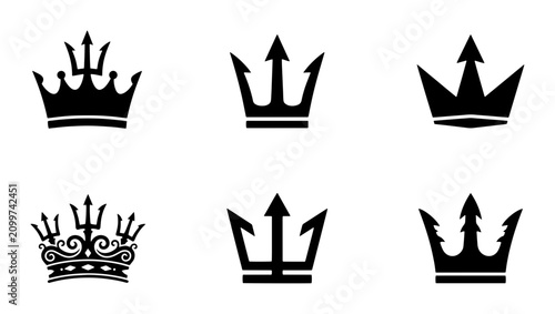Quadro su tela 70 Royal Crown and Trident Icons Set, Regal Emblem Vector Graphics, Heraldic Sym