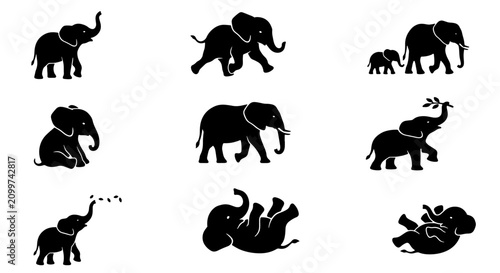 Obraz na plátně 70 Set of 9 Black Elephant Silhouettes, Baby and Adult Elephants, Playful Poses,
