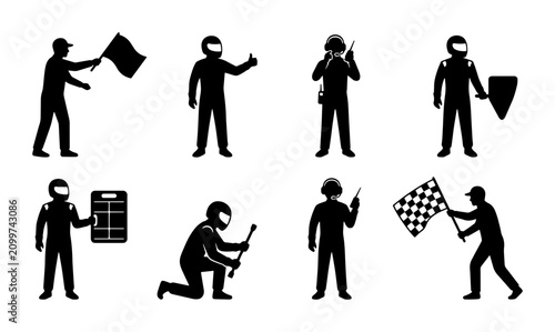Tableau sur toile 70 Racing Pit Crew Silhouettes, 8 Vector Icons: Flag Marshal, Mechanic, Driver S