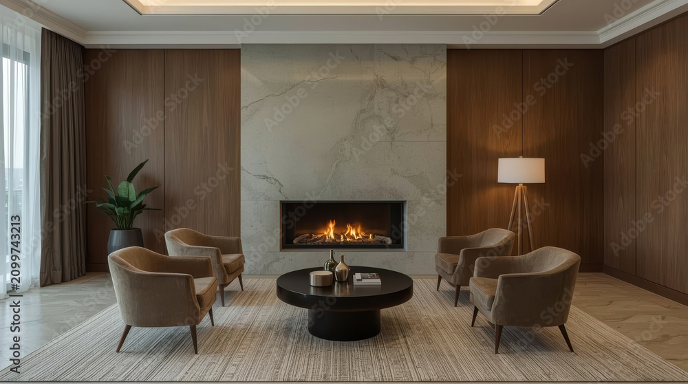 Obraz premium Warm minimalist luxury lounge with fireplace, velvet chairs, marble and wood paneling