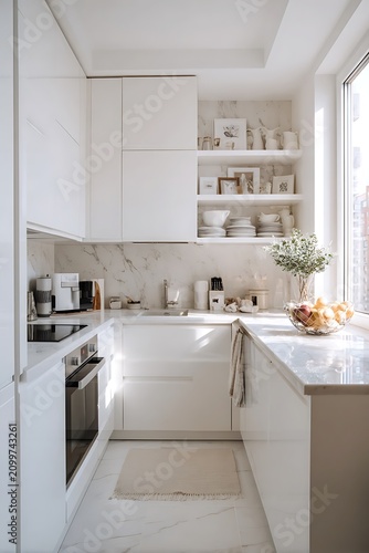 Modern bright white kitchen interior with marble accents and sunlight.
