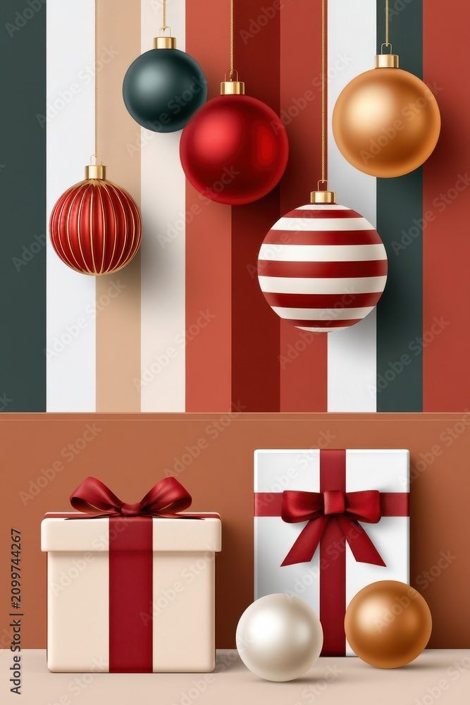 Fototapeta premium Festive Christmas scene with luxury gift boxes and hanging baubles in warm tones