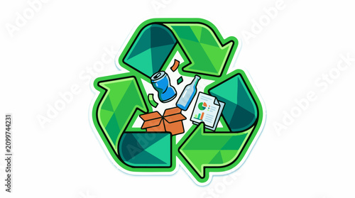 Green recycling symbol filled with trash and paper