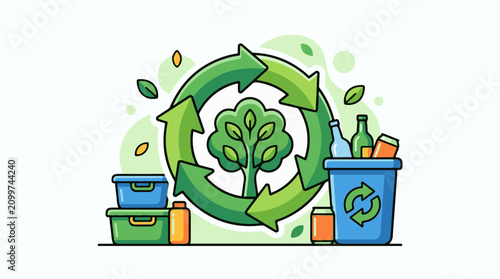 Green recycling symbol around tree with bins of waste