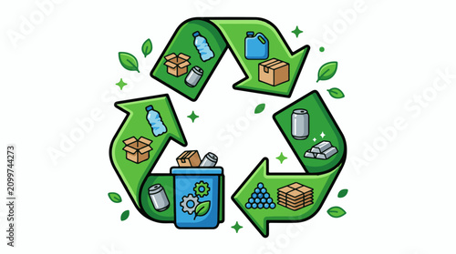 Green recycling symbol illustrates various recyclable materials and waste management