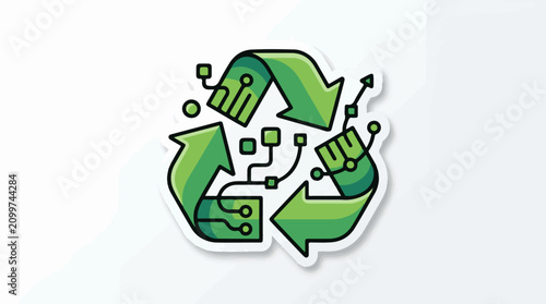 Green recycling symbol integrated with circuit board lines and nodes