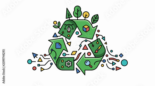 Green recycling symbol integrated with tech and creative icons