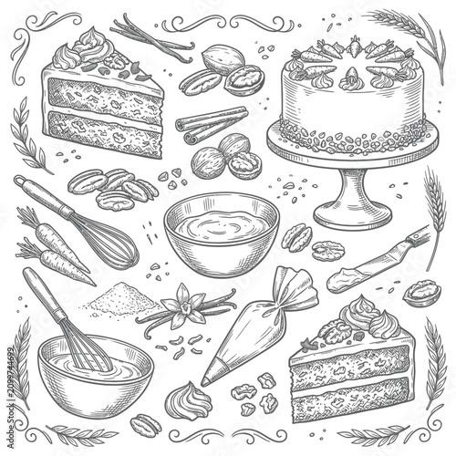 Baking Ingredients and Desserts Sketch - Cake, Carrot, Nuts, Whisk, Piping Bag