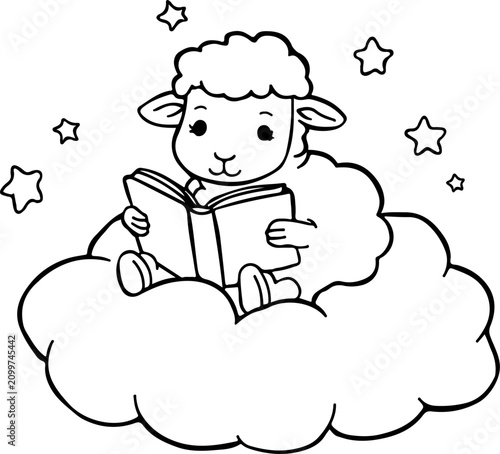 Cute cartoon sheep sitting on a soft cloud and reading a book with stars in the night sky