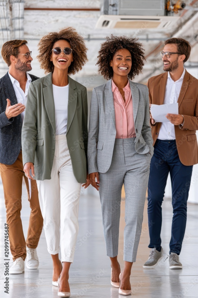 Fototapeta premium Two smiling professional women walking with colleagues in a modern office showing confident diverse team