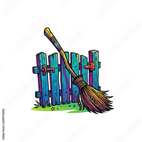 Witch's broomstick leaning on a colorful fence in a whimsical style  
