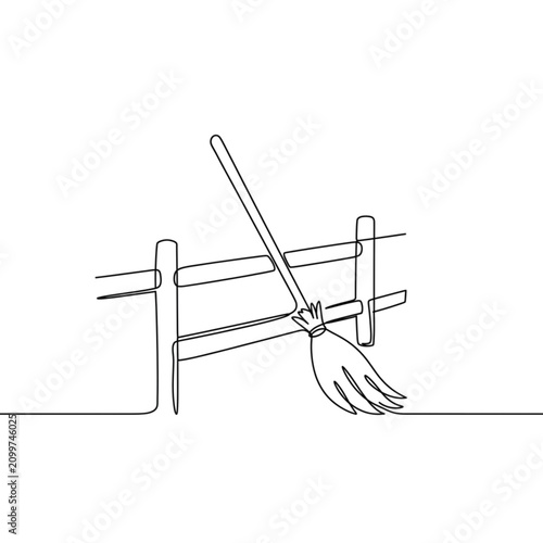 Witch's broomstick leaning on a fence in simple line art style  