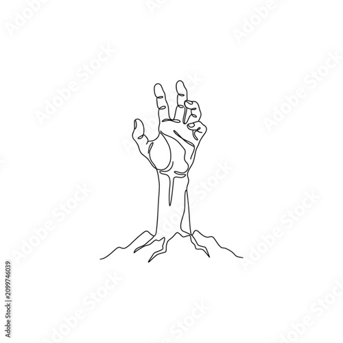 Zombie hand reaching out of ground in minimalist line art style  