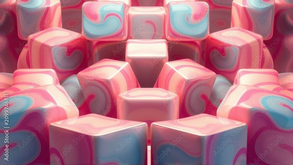 Fototapeta premium Abstract cubes display swirling pink, blue patterns. Glossy surfaces create dynamic visual texture, contrasting dark background.