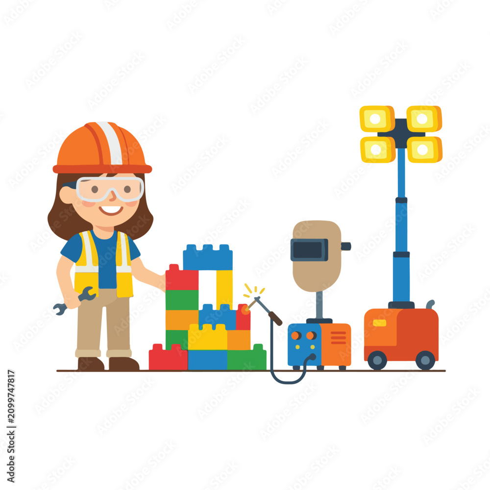Obraz premium A cartoon illustration of a young girl construction worker welding colorful building blocks with professional equipment and a light tower.