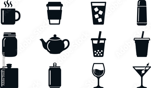 Cuadro en lienzo Vector black silhouette icon set featuring hot and cold drinks coffee mug teapot