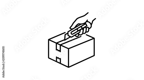 Hand opening cardboard box with utility knife, line art illustration