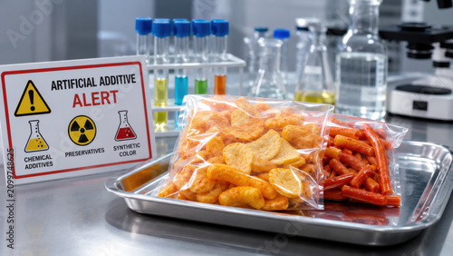Packaged processed snack food on lab tray with artificial additive alert sign featuring chemical warning icons and glass test tubes visible in background