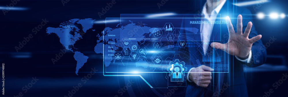Obraz premium Advisor touch sleek virtual screen delivering Management Consulting for a global map. Strategy planning builds success. Expert insights lead to sustainable corporate value and growth.