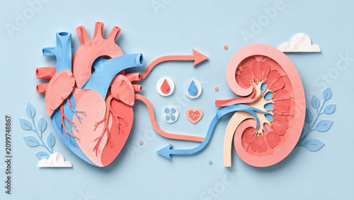 Heart and kidney organ connection illustration with layered paper art style showing blood flow arrows and medical icons in coral pink and soft blue tones on light background